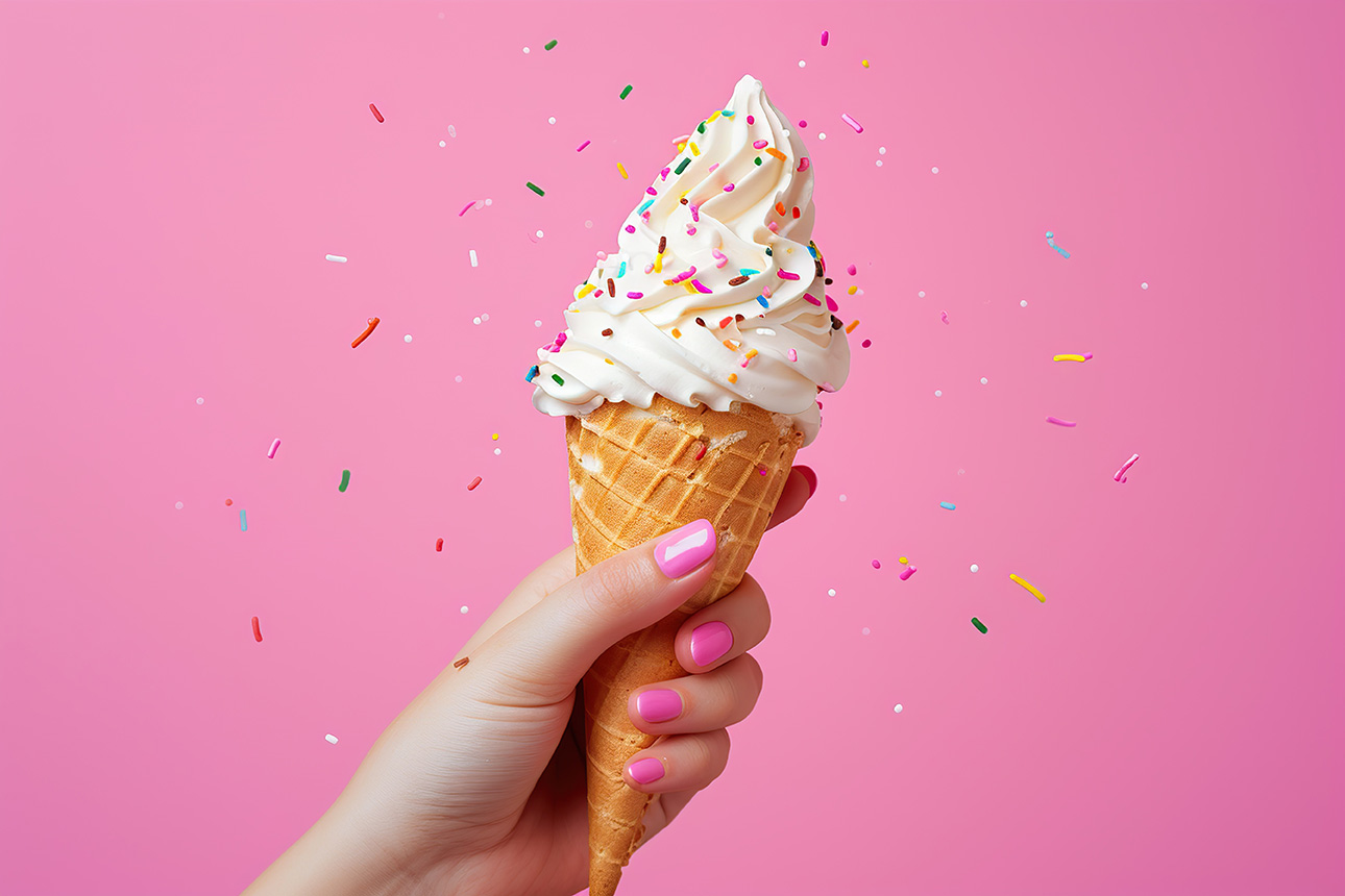 A hand with pink nails holding a waffle cone topped with swirled vanilla soft serve covered in colorful rainbow sprinkles, some mid-air, against a bright pink background.