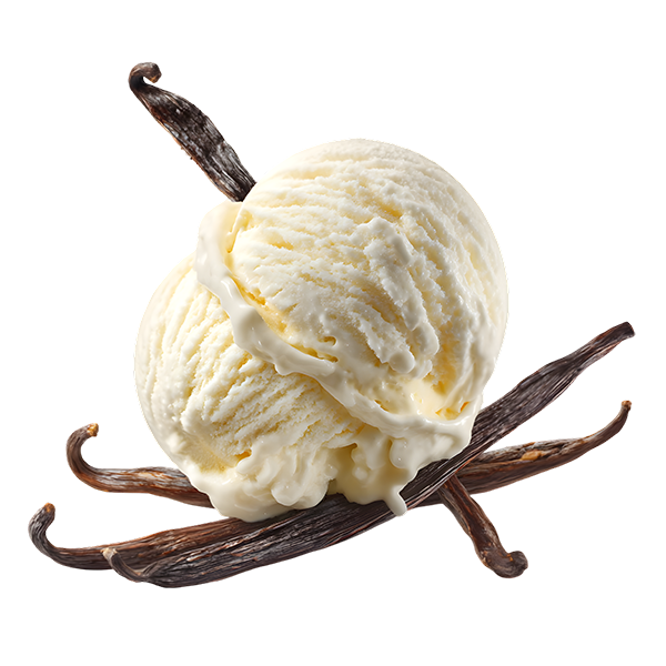 A close-up scoop of creamy vanilla ice cream resting on vanilla bean pods, set against a bold pink circular background.